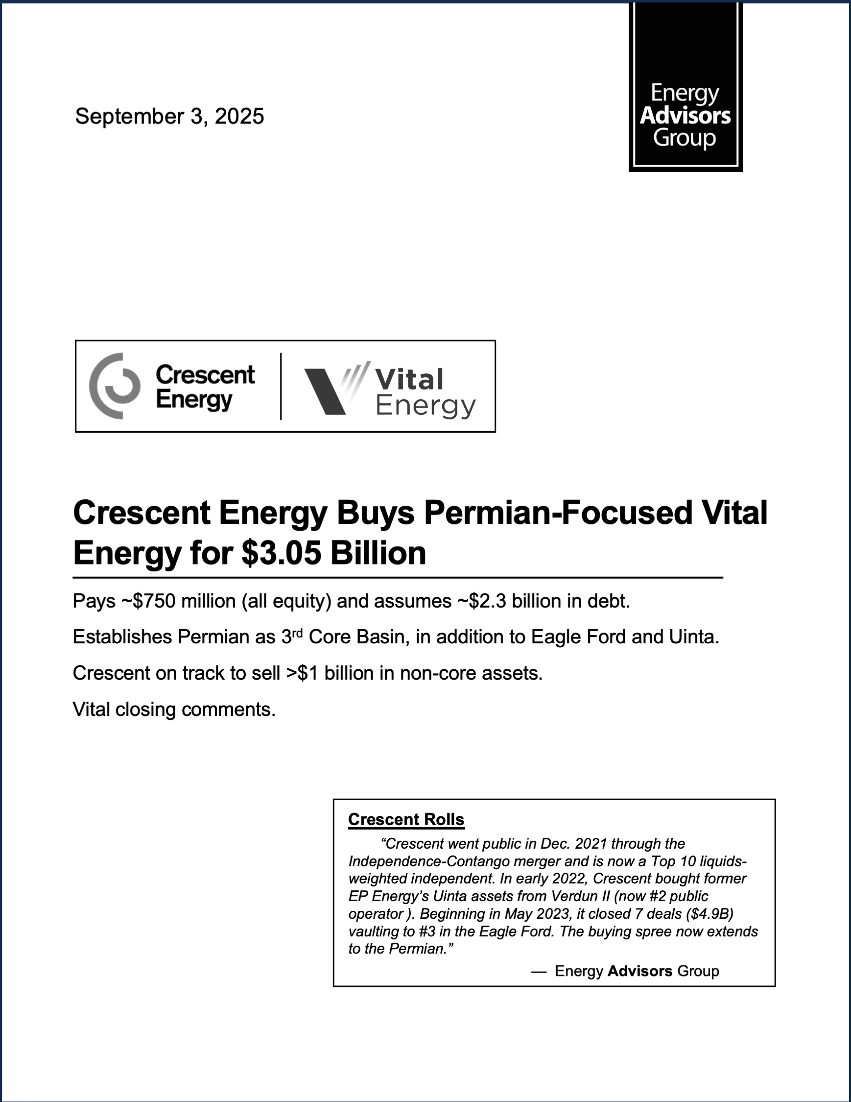 DEAL ALERT (CRESCENT BUYS VITAL) - Energy Advisors Group DEAL ALERT (CRESCENT BUYS VITAL)